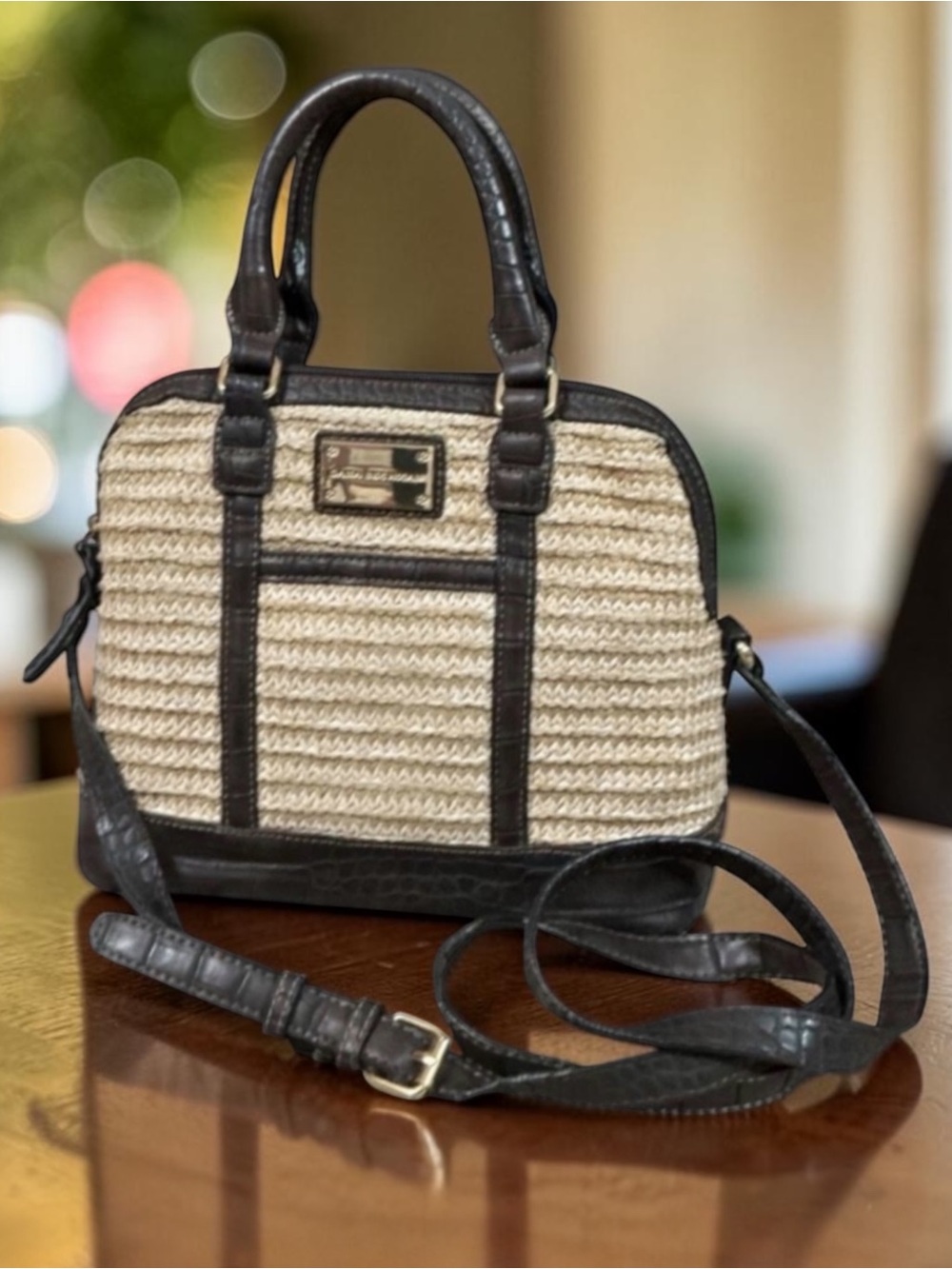 Dana Buchman Straw & Faux Alligator Crocodile Embossed Dome Satchel